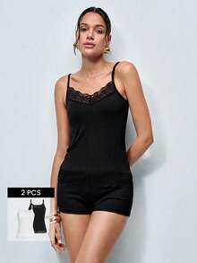 Softvol 2pcs Women Lace Floral Cami Tank Top Undergarments, Versatile Outerwear - Multicolor - View 1