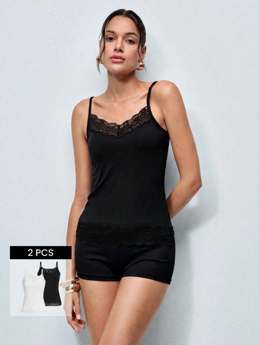 Softvol 2pcs Women Lace Floral Cami Tank Top Undergarments, Versatile Outerwear - Multicolor - View 1