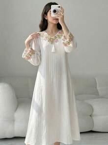 少女秋季洋裝 Al-Adha 白色花卉 Abaya，夏季波西米亞度假風保守迷你洋裝，秋季穿搭 - 白色 - 查看 6