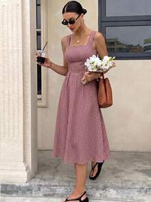 Siren Gaze Casual Vacation Style Red Plaid Full Print Pattern Women's Mid-Length Dress Suitable For Spring And Summer - Multicolor - View 8