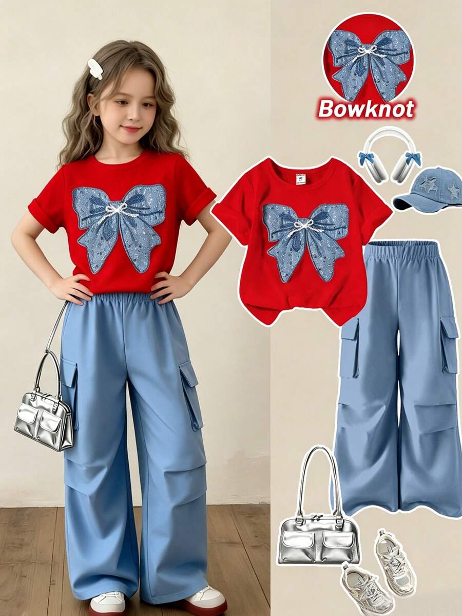 SHEIN ChillGRL 2件套少女休闲T恤和工装裤套装，蝴蝶结刺绣图案圆领短袖T恤和裤子，春夏时尚套装 - 紅色 - 查看 1