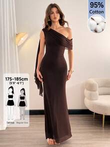 SHEIN Tall 女款休閒通勤風時尚棕色露肩長洋裝 - 棕色 - 查看 5