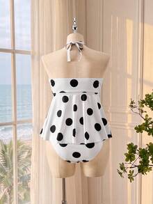 Bellisia Set Pakaian Renang Dua Potong Ukuran Plus dengan Model Tankini Halter Berkerut dan Bawahan Tankini Segitiga - Berwarna merah muda - View 2