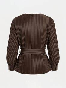 SHEIN Clasi 條紋綁帶腰設計不對稱下擺襯衫 - 咖啡棕 - 查看 2