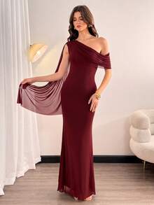 SHEIN Tall 女款優雅純色露肩禮服，正式舞會長裙，秋季婚禮賓客晚宴紅酒色 - 酒紅色 - 查看 9