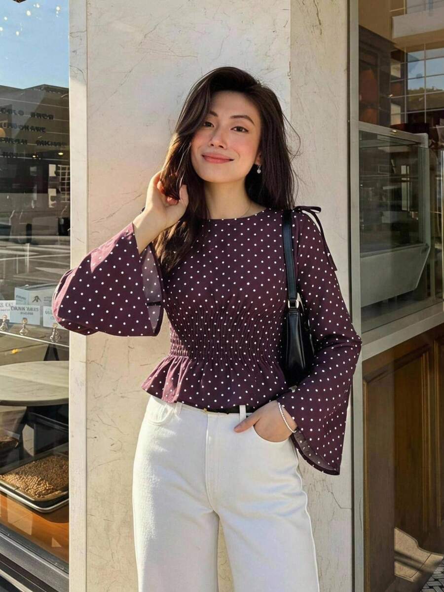 Serisse 女款圓點百褶休閒百搭日常穿著襯衫