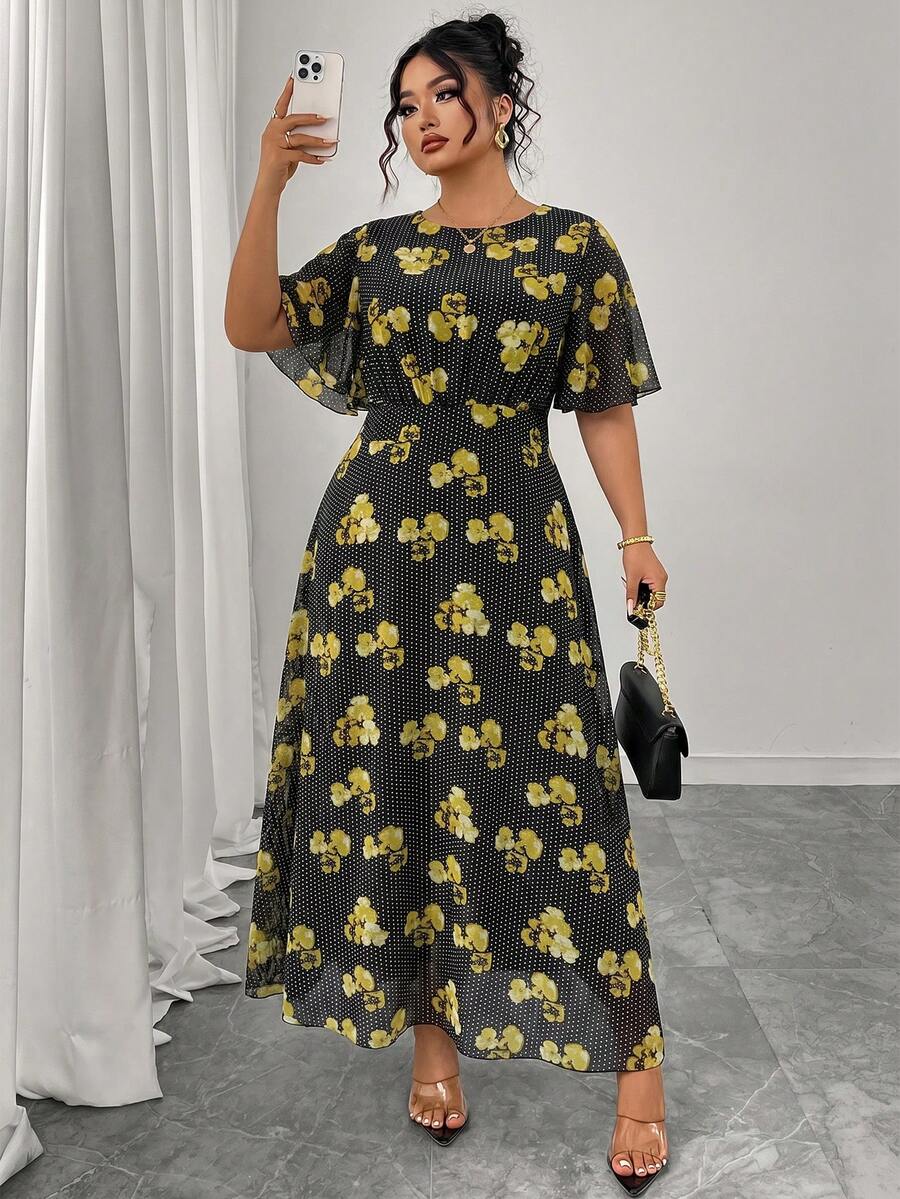 Modelyn Gaun Chiffon Hitam Elegan Ukuran Plus Wanita Motif Langit Musim Semi/Panas Leher Bulat Lengan Lonceng Berkerut Model Drape Pas Badan untuk Pesta Teh dan Liburan - MultiWarna - View 1