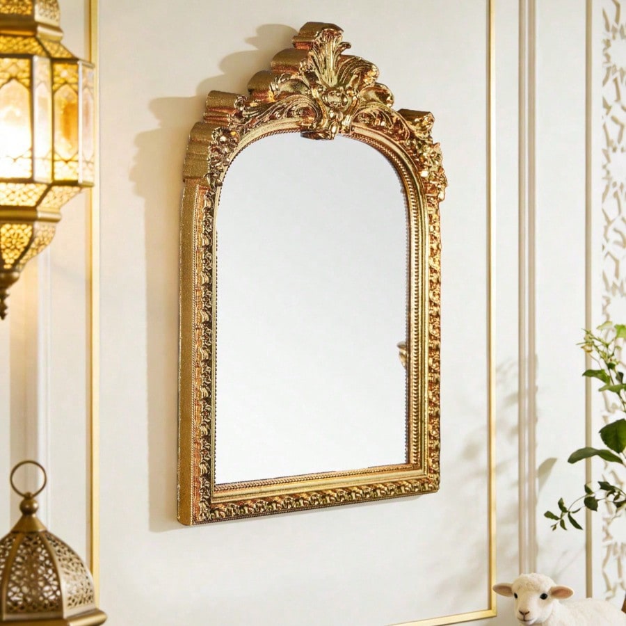 1PC, Resin-Made Golden Arched Floral Trim Mirror, European-Style Wall Decoration, Home Decor Art Accessory. Suitable For Wall Decoration, Dressing Table Mirrors, And Decorative Items For Photography Shoots.
