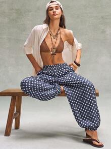 Bohemela 女款時尚海軍藍波點印花寬鬆錐腳牛仔褲 演唱會穿搭鄉村風夏季海灘波希米亞長褲 - 深色水洗藍 - 查看 3