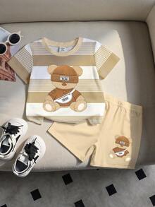 隨機 3 套買 1 套 幼兒休閒時尚配色拼接條紋泰迪熊圖案圓領短袖 T 恤與配套短褲套裝 - 彩色 - 查看 3