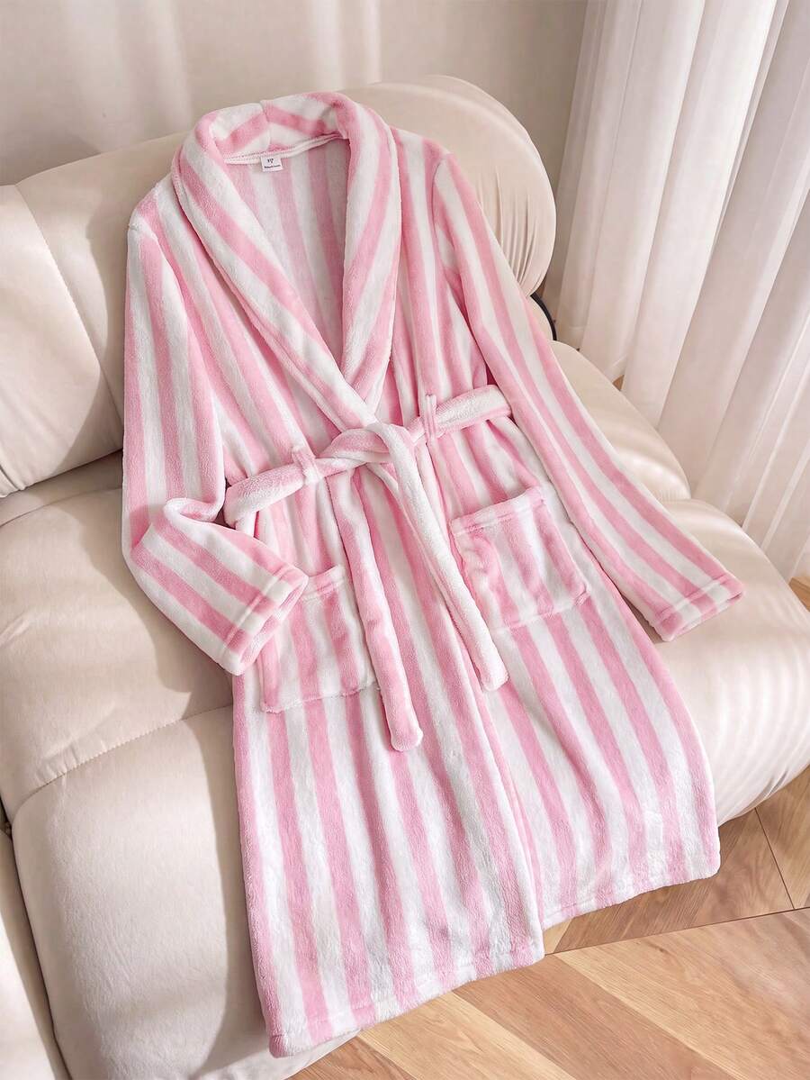 Young Girl Young Girl Striped Plush Belted Robe Fall/Winter - Multicolor - View 1
