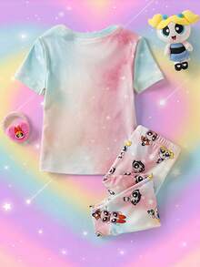 THE POWERPUFF GIRLS X SHEIN Baby Girl Round Neck Letter Cartoon Print Short Sleeve Top And Long Pants Casual Daily Home Sleepwear Set - Multicolor - View 2