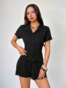 SHEIN PETITE 2件組女款休閒基礎素色插肩袖短袖紋理布料套裝 夏季黑色度假風 - 黑色 - 查看 8