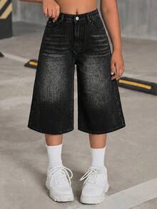 Tween Girl Casual Washed Loose Wide Leg Jeans - Black - View 6
