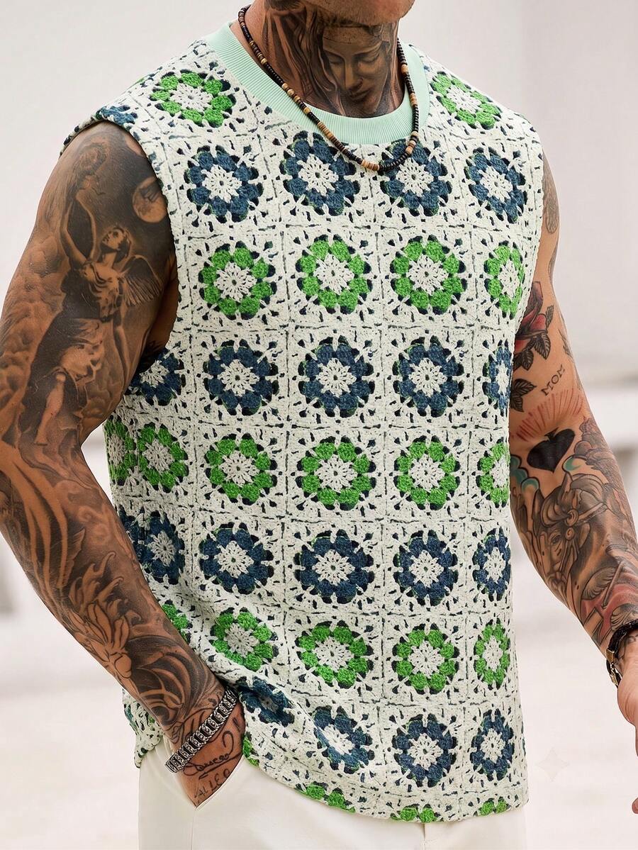VENTUSAIL Men's Tank Top, Vacation Style Hollow-Out Fabric, Faux Crochet Jacquard Fabric, - Multicolor - View 1
