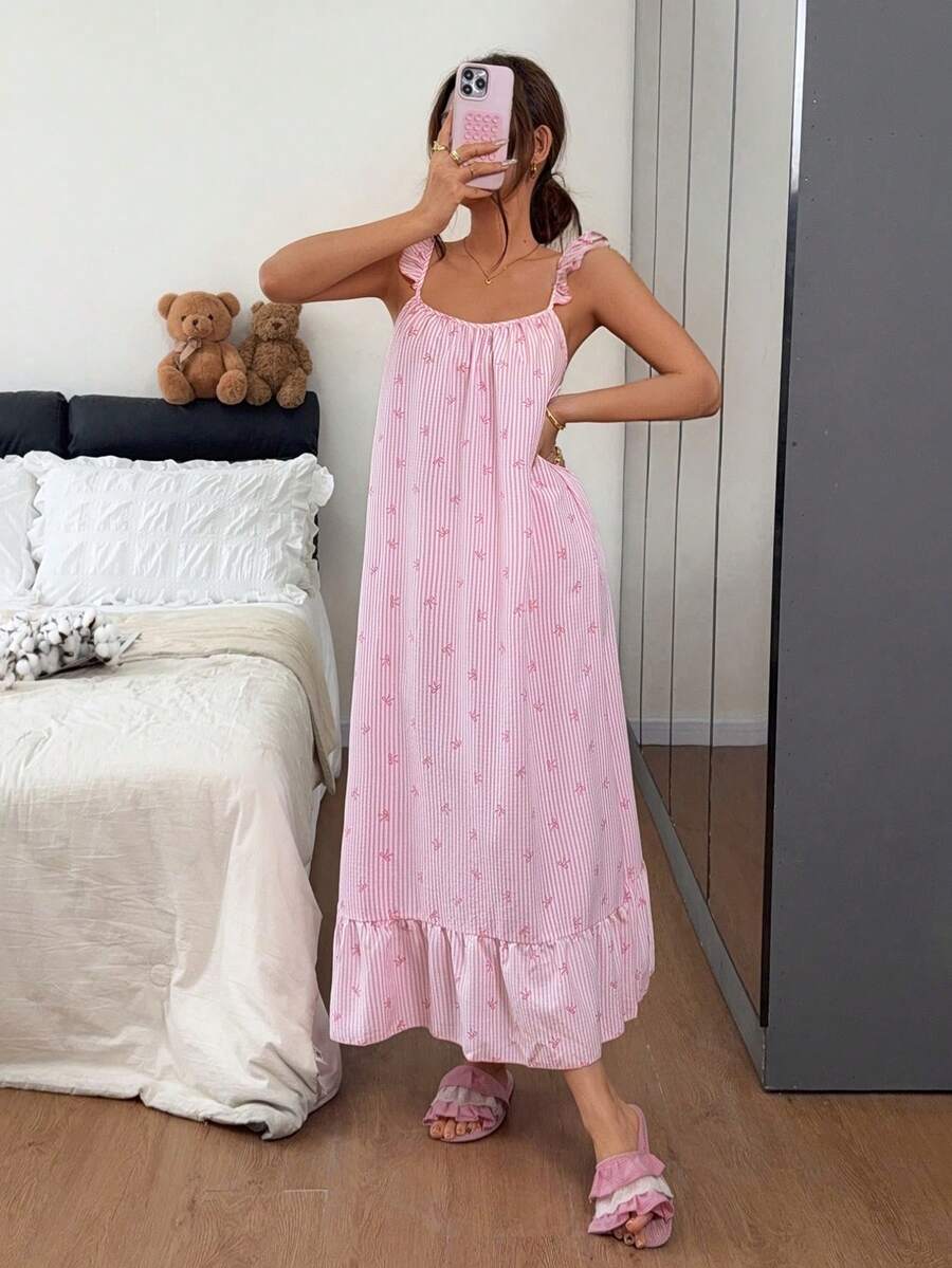 Napfluff Camisola Feminina com Manga Borboleta em Folha de Lótus de Borda Macia, Laço Fofo e Listras - Rosa Bebê - Visão 1