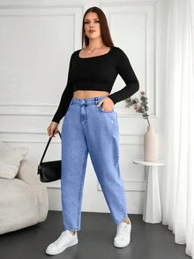 EURMUSE Plus Size Women's Denim Pants With Pockets - Light Wash - View 4