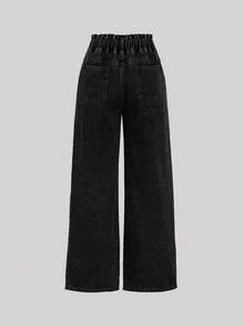 SHEIN Girlism 少女女孩黑色牛仔寬鬆長褲，荷葉邊飾邊，秋冬萬聖節 Y2K 畢業返校穿搭 - 黑色 - 查看 7