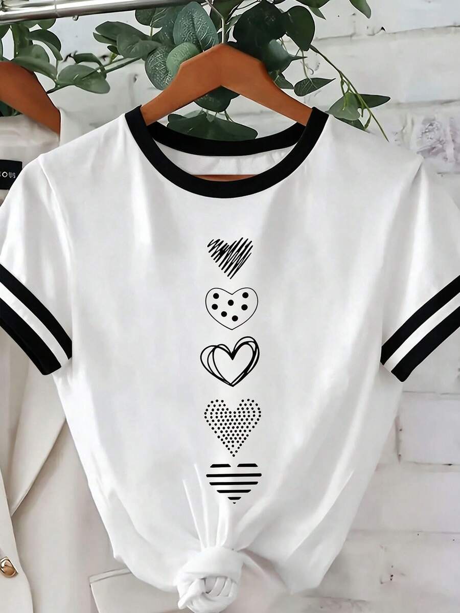 Resyla Women's Colorblock Striped Heart Pattern Round Neck T-Shirt, Casual Everyday Wear - Multicolor - View 1