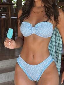 Swim Mod 新款女款優雅清新檸檬奶黃色兩件式泳衣，奢華陽光黃風格 - 藍色 - 查看 1