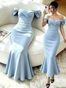 Selianne Summer Women's Sexy Romantic Elegant French Light Blue Pleated Shirred Cinched Waist Chic Top And Body-Hugging Fishtail Skirt Set Wedding - Blue - View 3