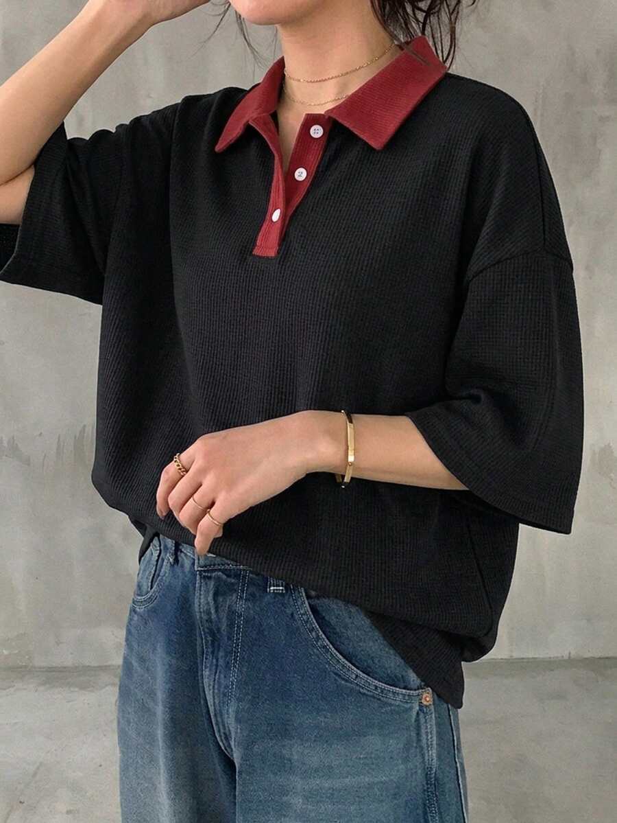 FRIFUL 女款黑白條紋寬鬆 Polo 領短袖休閒 T 恤,夏季 - 黑色 - 查看 1