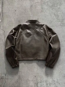 AXEPEAK Men's PU Leather Jacket With Lapel Collar, Long Sleeves And Zipper Front - Brown - View 2