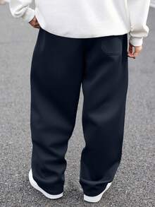 Manfinity Hypemode Plus Size Men's Solid Color Pocket Wide Leg Loose Casual Sweatpants - Navy Blue - View 2