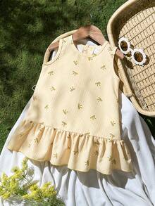 SHEIN Vintaside Kids 女嬰春夏梭織寬鬆蝴蝶結無袖洋裝，簡約田園女孩風，拼接寬鬆荷葉邊魚尾裙襬，適合日常外出、上學、生日派對與居家休閒 - 黃色 - 查看 4