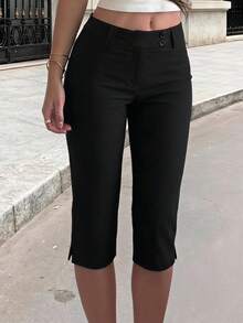 Firerie Women's Elegant Basic Spring Summer All Season Solid Black Capri Pants, Slim Fit Waist-Cinched Capri Pants, Versatile Casual Holiday Night Daily - Black - View 3