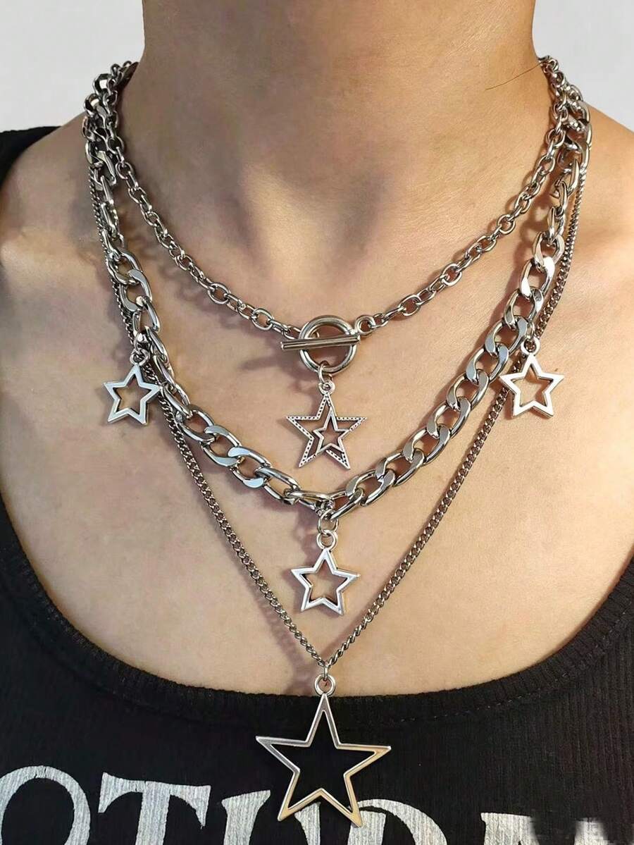 ROMWE Goth 3pcs Fashion Zinc Alloy Star Charm Necklace For Women For Daily Decoration - Silver - View 1
