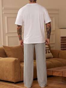 DAZY Short Sleeve Top & Striped Long Pants Loose Fit Embroidered Pattern Multi-Color Men's Loungewear Set - Multicolor - View 2
