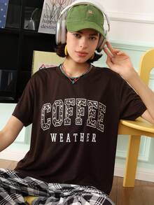 Chillnights Street Style Casual Leopard Print Slogan Crew Neck Wearable T-Shirt Women's Pajama Top - Coffee Brown - View 1