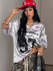 Coolane 女款春夏節慶外出街頭風復古透氣網眼數字圖案印花棒球球衣紅色球衣 - 銀色 - 查看 5