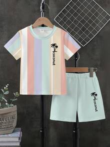 Summer Colorblock Striped Boys' Set, With Coconut Tree & Letter Print, Loose Comfortable Short Sleeve Top + Shorts 2 Pieces, Suitable For Beach Vacation & School Activities - Multicolor - View 8
