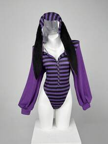 Sunspun Plus Size Women's Striped Knitted Elastic Fitted Hooded Rabbit Ear Long Sleeve Bodysuit Cute Summer Halloween Night Out Club - Multicolor - View 6