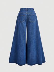 Everyssa Women's Pleated Wide Leg Loose Casual Denim Jeans With Pockets - Blue - View 5