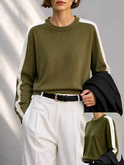 Airaco Top de punto de manga larga elegante y versátil para mujer, color bloque verde & blanco, para ir al trabajo, principios de otoño