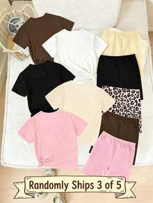 Conjunto de 3 piezas de estilo casual y de moda para primavera y verano, con personalidad creativa y de alta gama, con estampado de leopardo, parches y estampado de letras gráficas, con un estilo relajado y de vacaciones, camiseta básica + pantalones cortos de ciclista, cómodo para uso diario, adecuado para niñas en primavera, verano y otoño - Multicolor - Ver 2