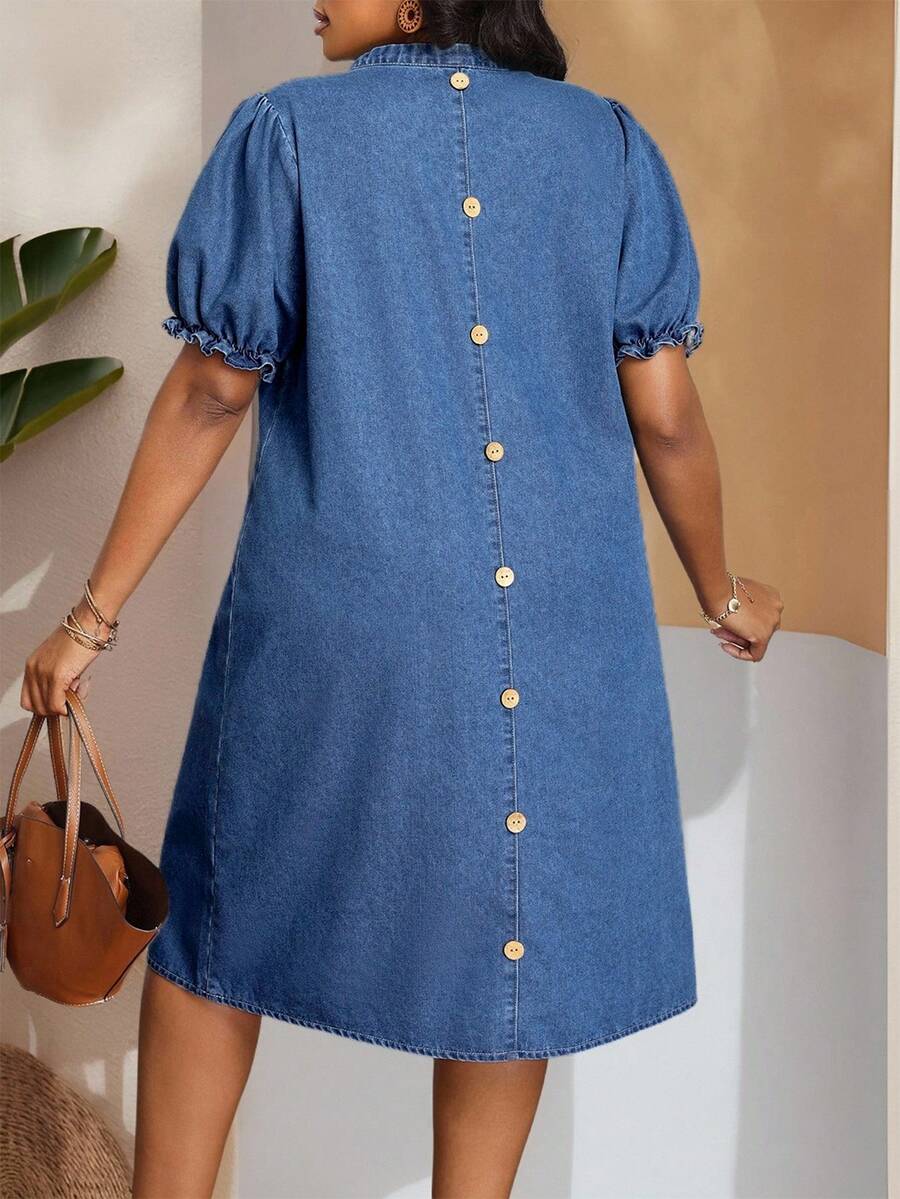 SHEIN EMERY ROSE CURVE 大尺碼牛仔洋裝 休閒寬鬆短袖 藍色 - 中等水洗藍 - 查看 1