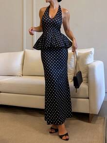 Yohana Edit Conjunto de 2 piezas de top con lunares, cuello halter, espalda descubierta y minifalda para mujer, elegante y a la moda para citas, color negro - Negro - Ver 5