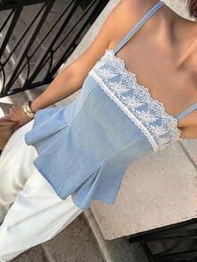 SHEIN EZwear Women's Contrast Lace Pleated Hem Fashion Camisole Denim Top Fall Elegant Top Social Cowgirl For Women Country Concert - Medium Wash - View 6