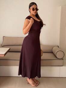 Maria Perezxox Fashionable Solid Color Cinched Waist Fitted Knit Maxi Dress, European And American Style Elegant Summer - Coffee - View 3