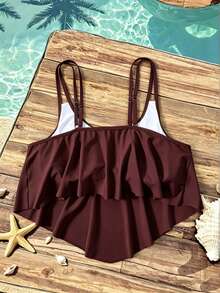 Swim Lushoire Top de traje de baño de talla grande para vacaciones de verano en la playa, unicolor, dobladillo asimétrico y tirantes de espagueti - Burdeos - Ver 2
