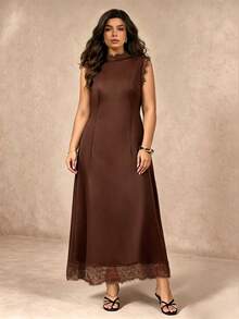 Juhart Lace Patchwork Acetate Satin Waist-Cinching Long Sleeveless Dress - Coffee Brown - View 5
