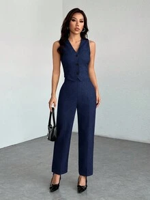 SHEIN PETITE 休閒無袖開襟背心與長褲兩件套女款套裝，適合辦公室穿著，商務女性秋冬裝扮 - 藏蓝色 - 查看 6