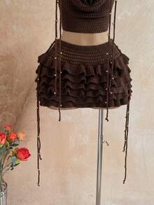 Soleia 女款春夏浪漫度假兩件套：垂領鉤編背心上衣，附披領、鋼珠與流蘇裝飾 + 多層荷葉邊迷你裙，性感適合海灘、海邊、約會、下午茶、復活節、郵輪、公路旅行、城市度假、音樂節、嬉皮、西部風 - 棕色 - 查看 7