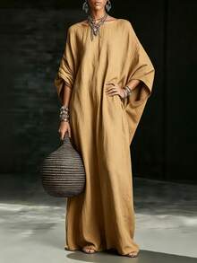 Everyssa Bohemian Style Relaxed Lazy Linen Batwing Sleeve Robe Vacation Style Long Dress - Khaki - View 4