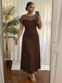 SHEIN Lady CURVE 大尺碼女款網格拼接休閒派對與旅行洋裝 - 棕色 - 查看 2