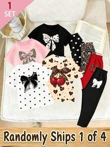 Conjunto de Caja Ciega Aleatorio, Conjunto de Camiseta Corta Básica Casual y Leggings con Diseño de Lazo de Cereza Estampado de Leopardo y Patrón de Lazo Brillante, Estilos Cómodos de Primavera, Verano y Otoño para Niñas Pequeñas - Multicolor - Ver 3